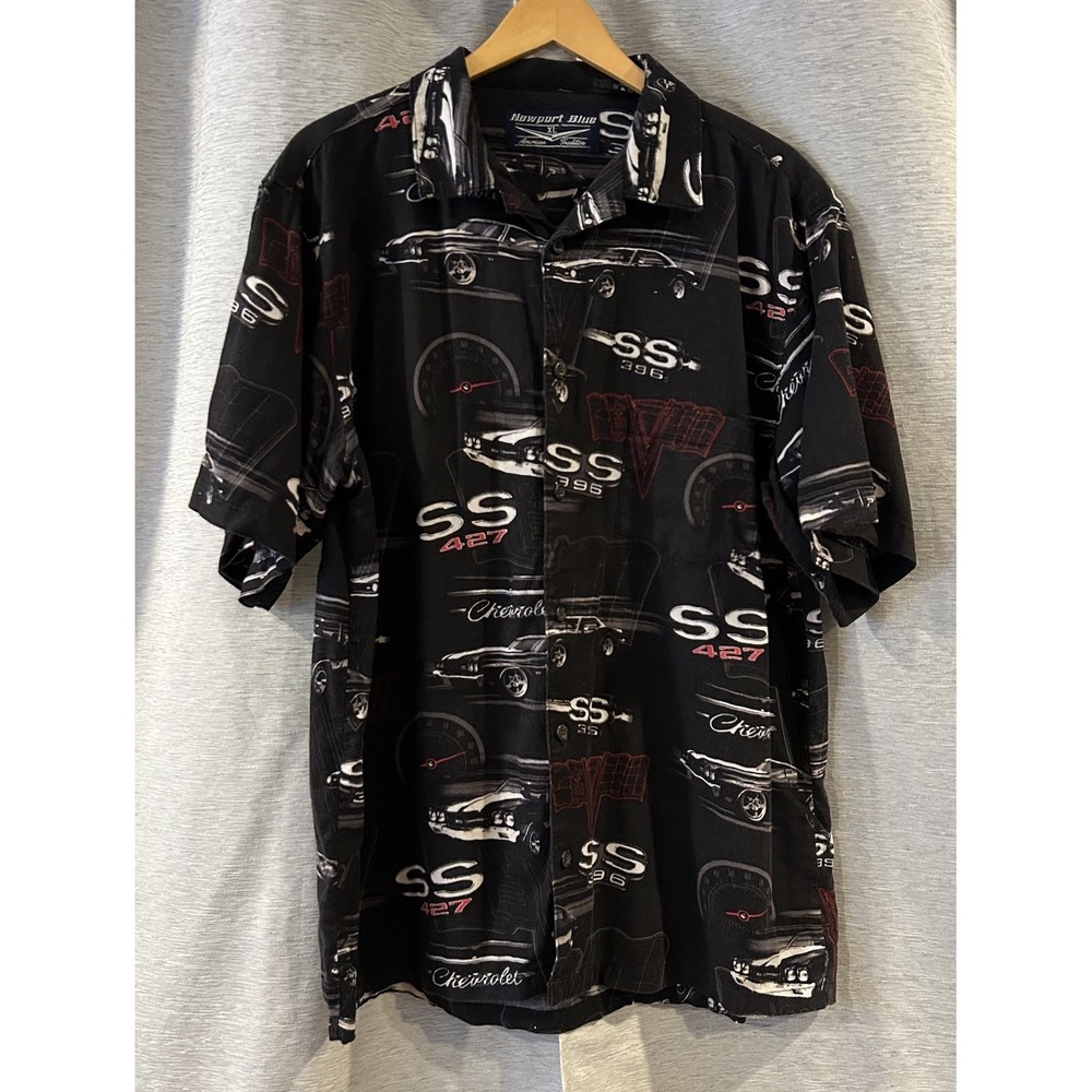 Newport Blue Black Button Down GM‎ Chevrolet SS 427 396 Hawaiian Shirt Sz XL